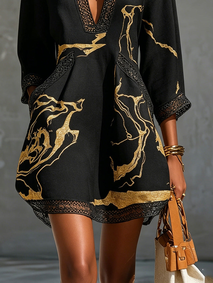 Cosette Crochet Lace Mini Dress - Black Gold Floral