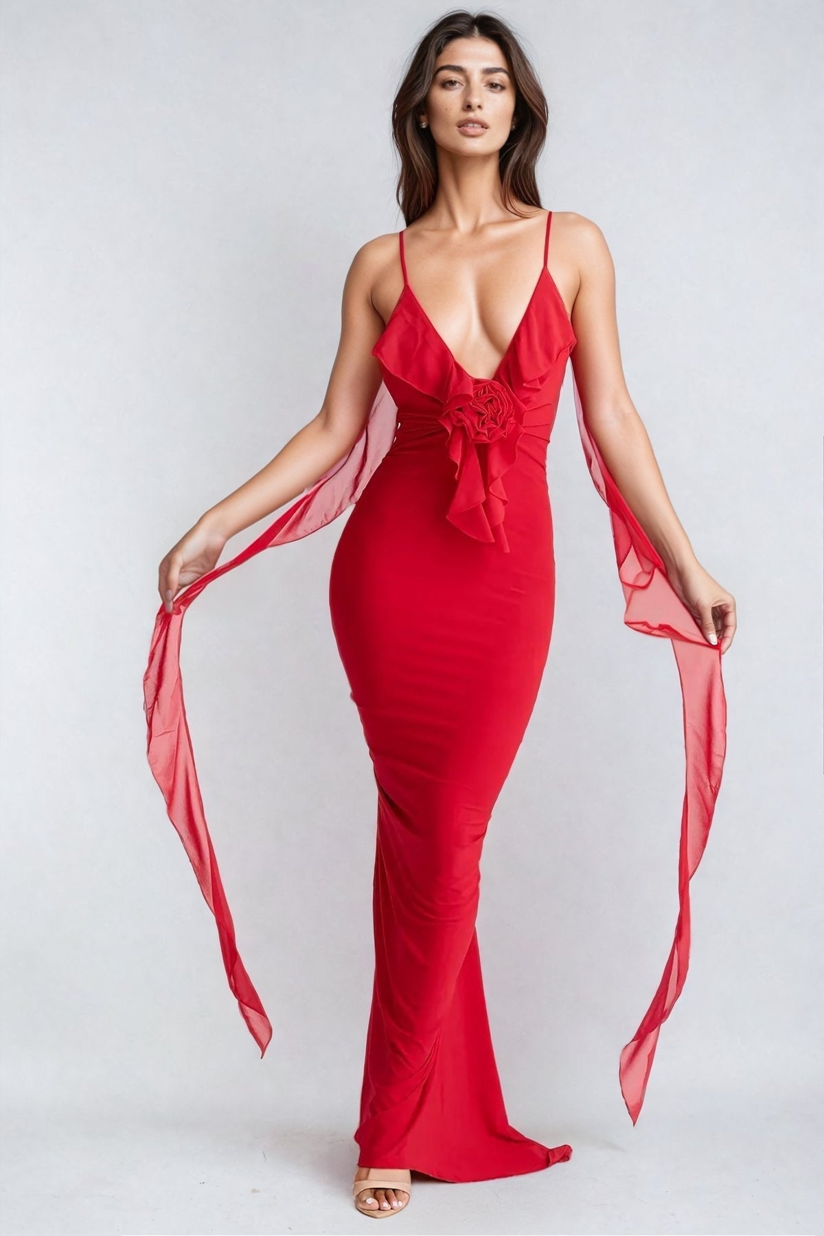 Daini Rosette Maxi Dress - Red