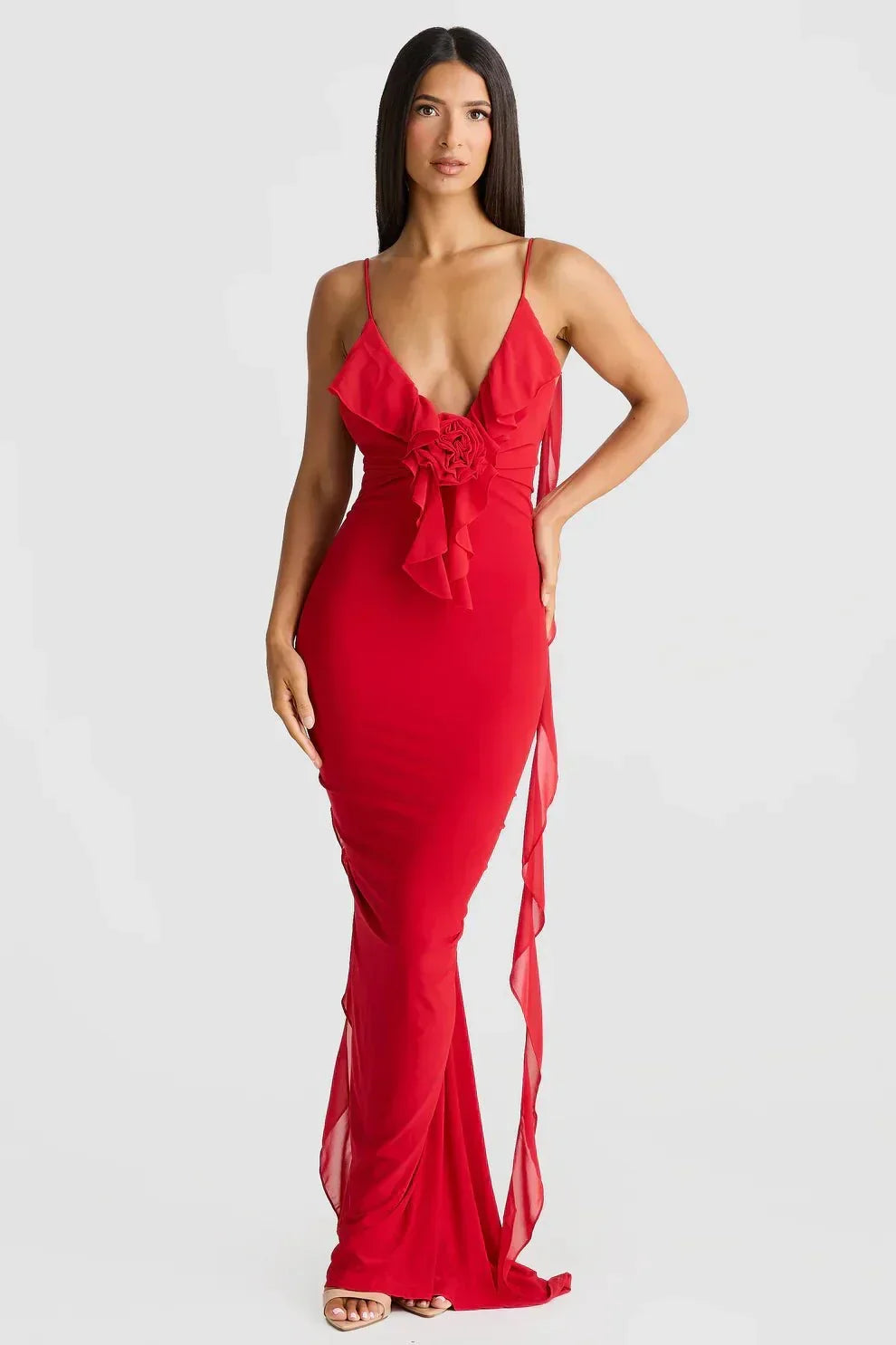 Daini Rosette Maxi Dress - Red