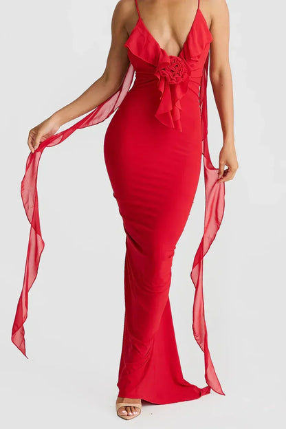 Daini Rosette Maxi Dress - Red