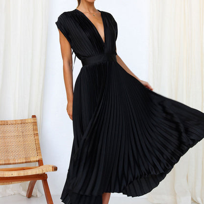 Women's Cocktail Pleated V Neck Cap Sleeve Midi Dress