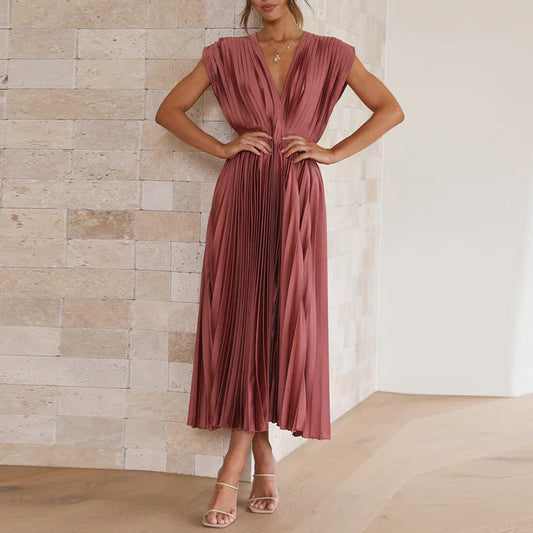 Women's Cocktail Pleated V Neck Cap Sleeve Midi Dress