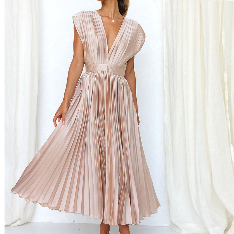 Women's Cocktail Pleated V Neck Cap Sleeve Midi Dress