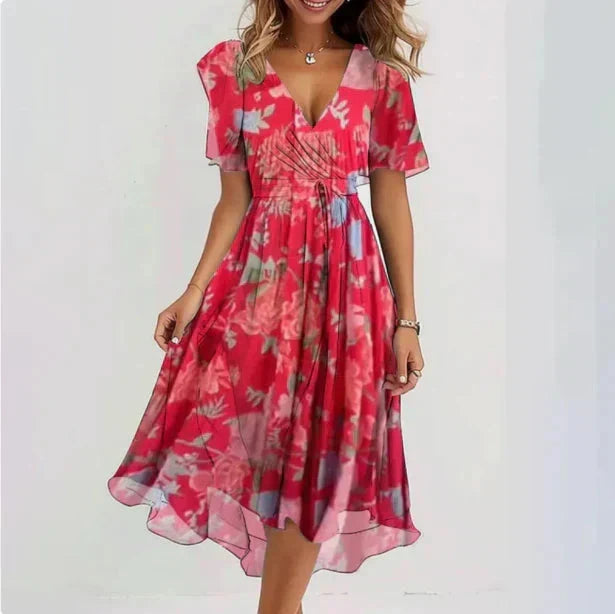 Domenica Wrap Midi Dress - Red Floral