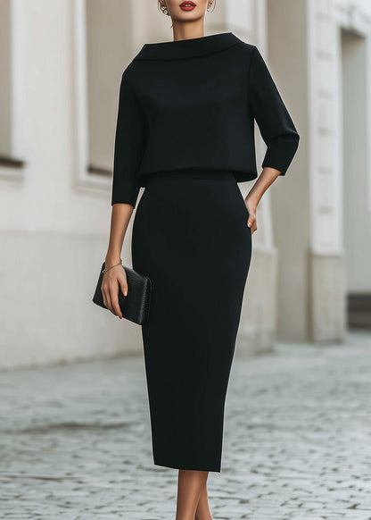 Eowyn Boat Neck Midi Skirt Set - Black