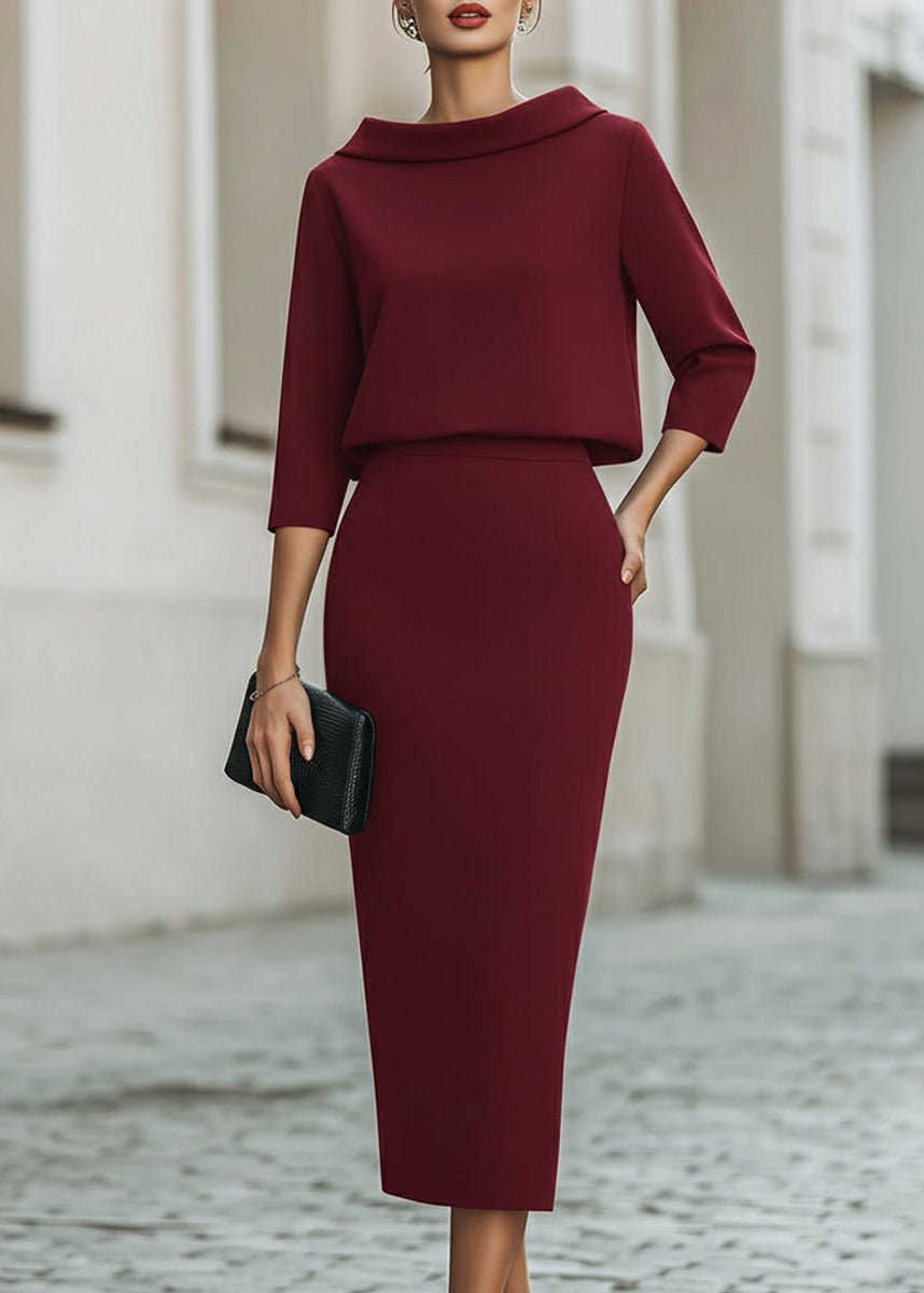 Eowyn Boat Neck Midi Skirt Set - Burgundy