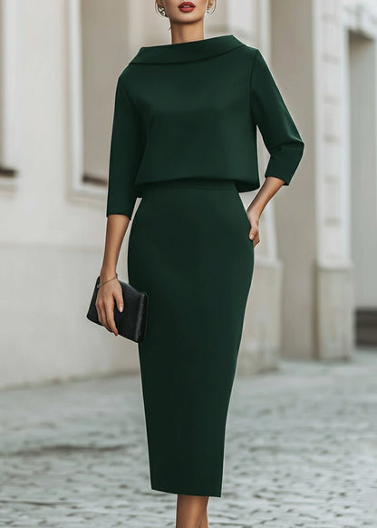 Eowyn Boat Neck Midi Skirt Set - Dark Green