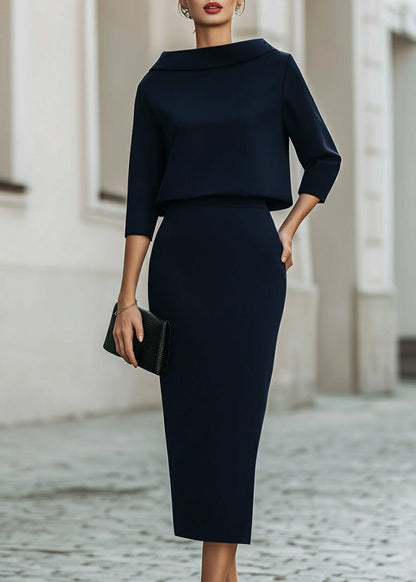 Eowyn Boat Neck Midi Skirt Set - Navy