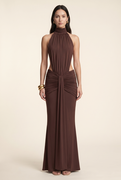 Florentine Halter Maxi Dress - Chocolate Brown