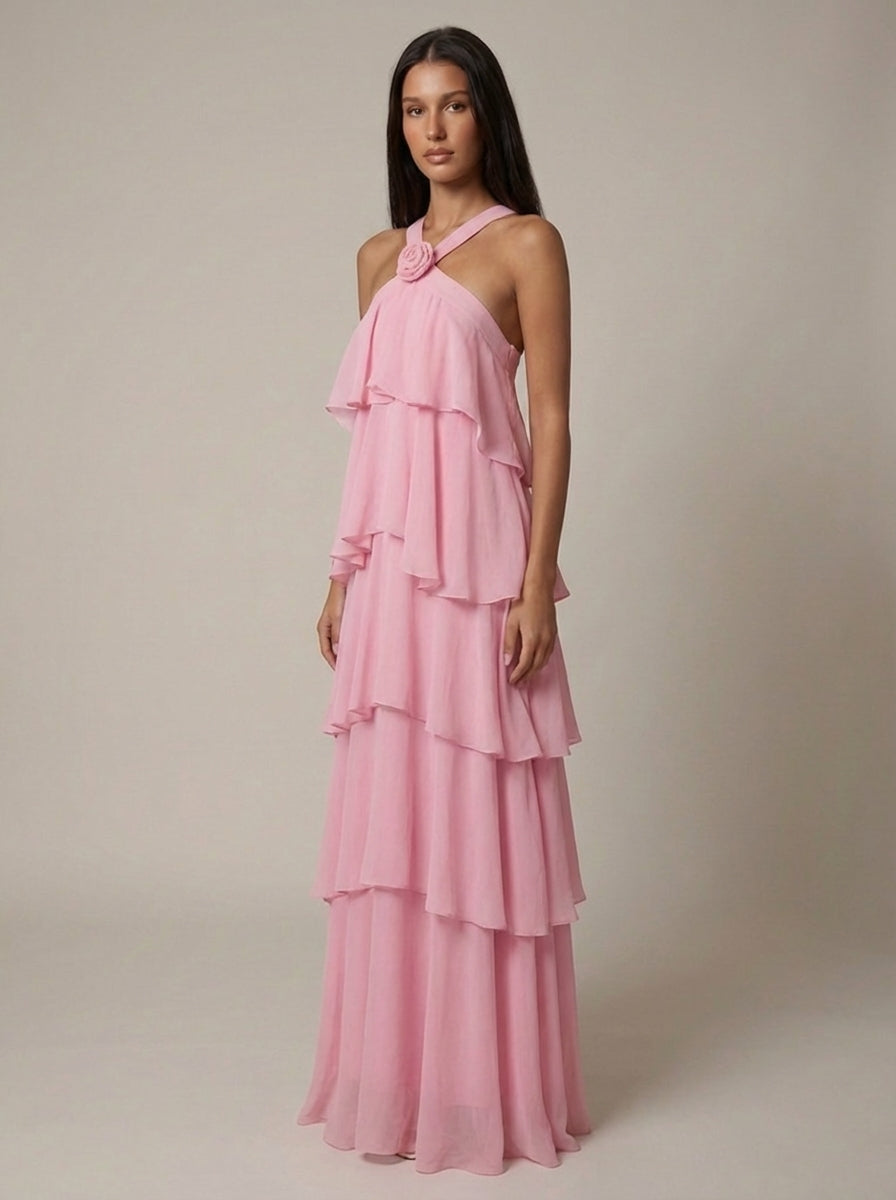 Rosalind Tiered Halter Maxi Dress - Pink