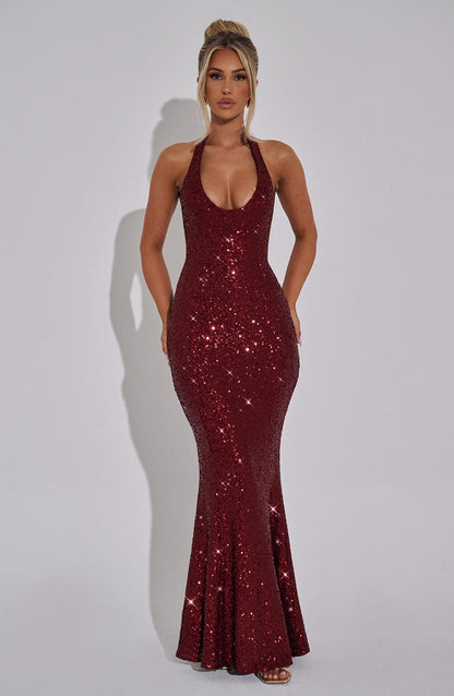 Gaia Halter Maxi Dress - Wine Sparkle