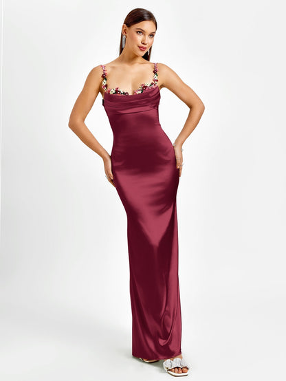 Georgette Satin Maxi Dress - Burgundy