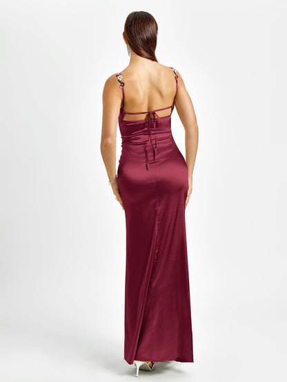 Georgette Satin Maxi Dress - Burgundy