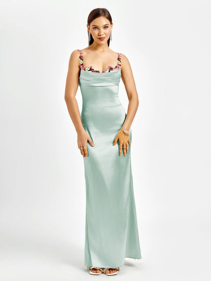 Georgette Satin Maxi Dress - Mint Green