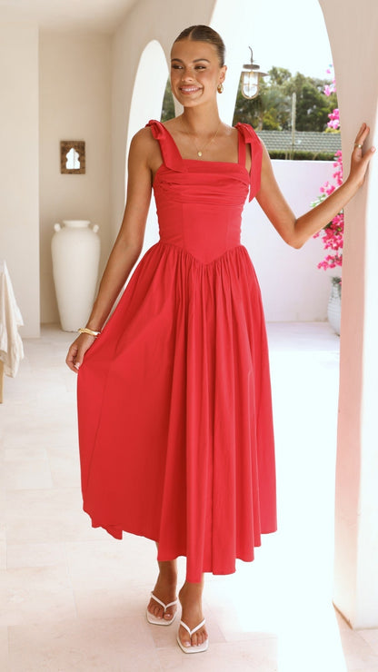 Haisley Tie Strap Midi Dress - Red