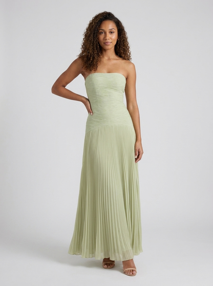 Honor Pleated Strapless Maxi Dress - Sage Green
