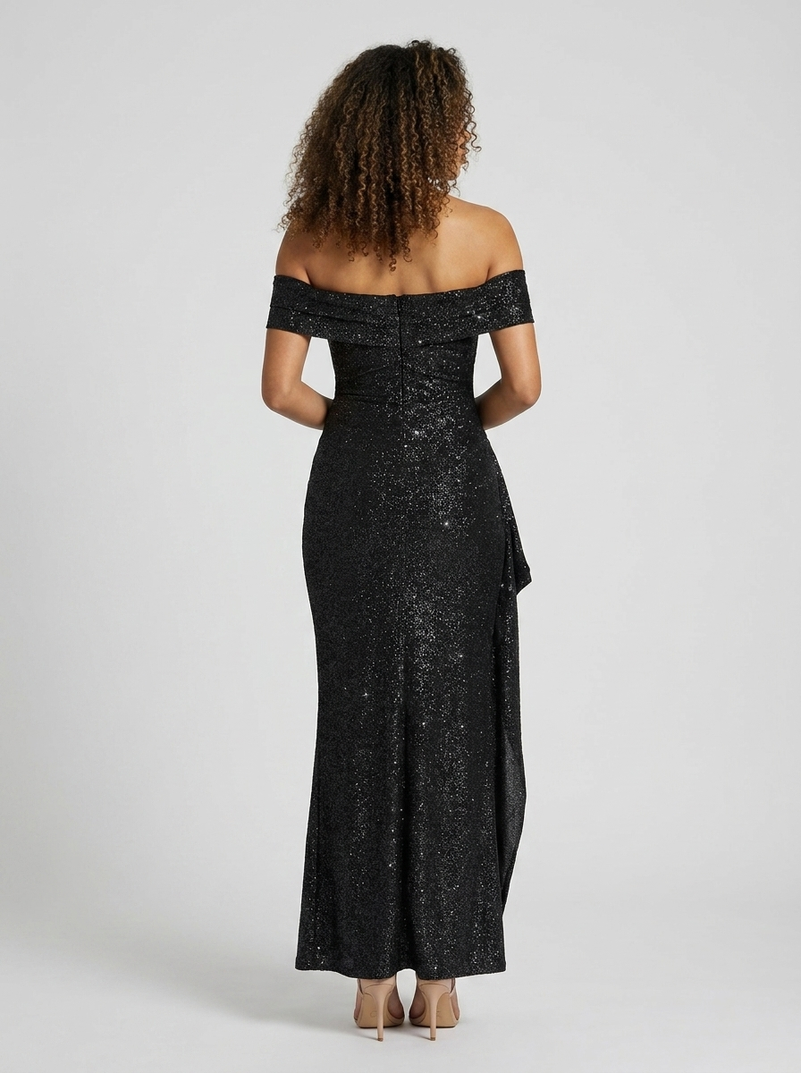 Isabella Ruched Off Maxi Dress - Black Sparkle