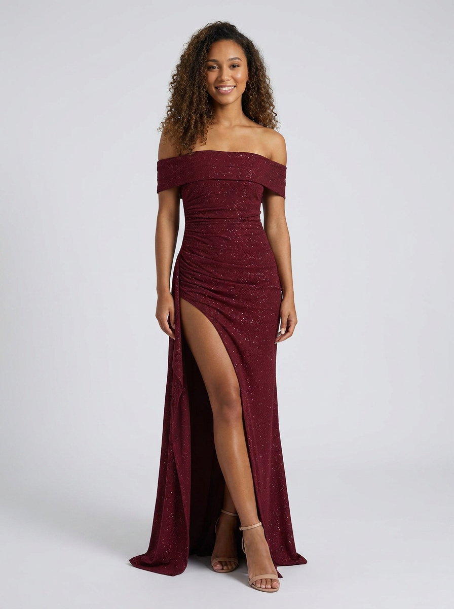 Isabella Ruched Off Maxi Dress - Wine Sparkle