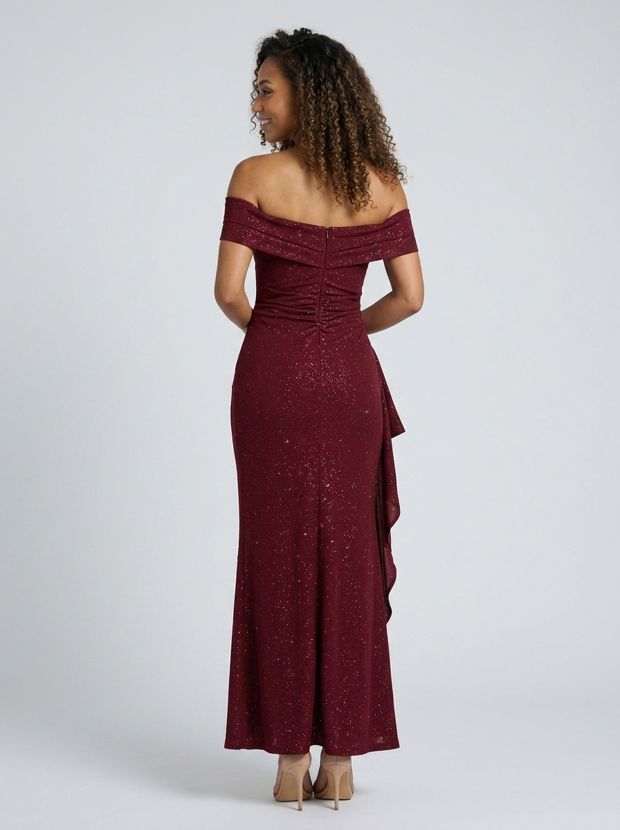 Isabella Ruched Off Maxi Dress - Wine Sparkle