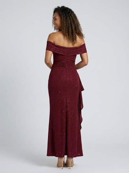 Isabella Ruched Off Maxi Dress - Wine Sparkle