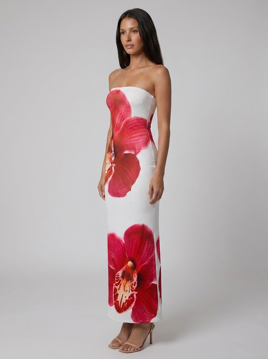 Felicity Floral Bodycon Maxi Dress - White and Red Floral
