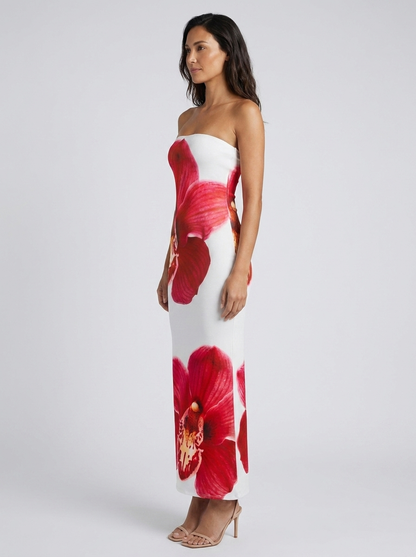 Felicity Floral Bodycon Maxi Dress - White and Red Floral