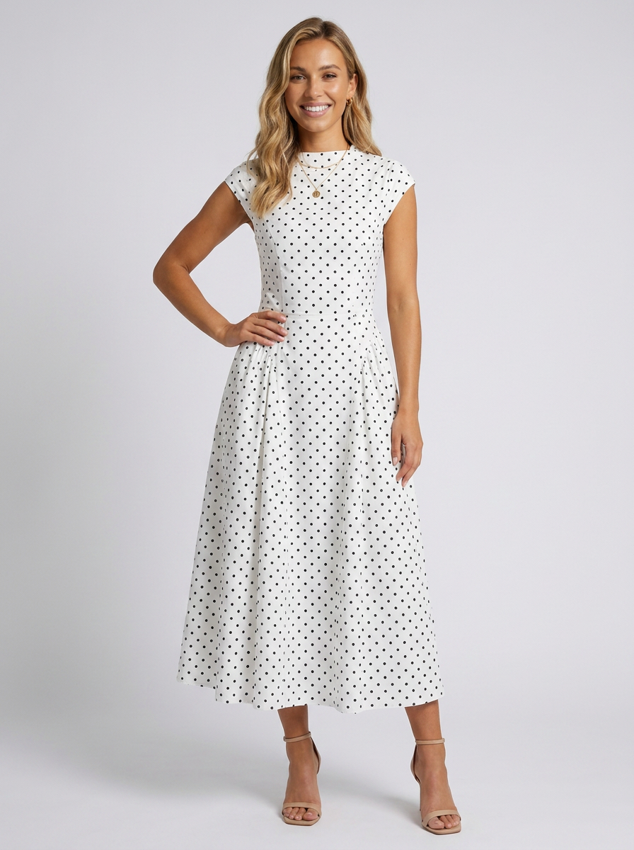 Xenia Elegant Midi Dress - White Polka Dot