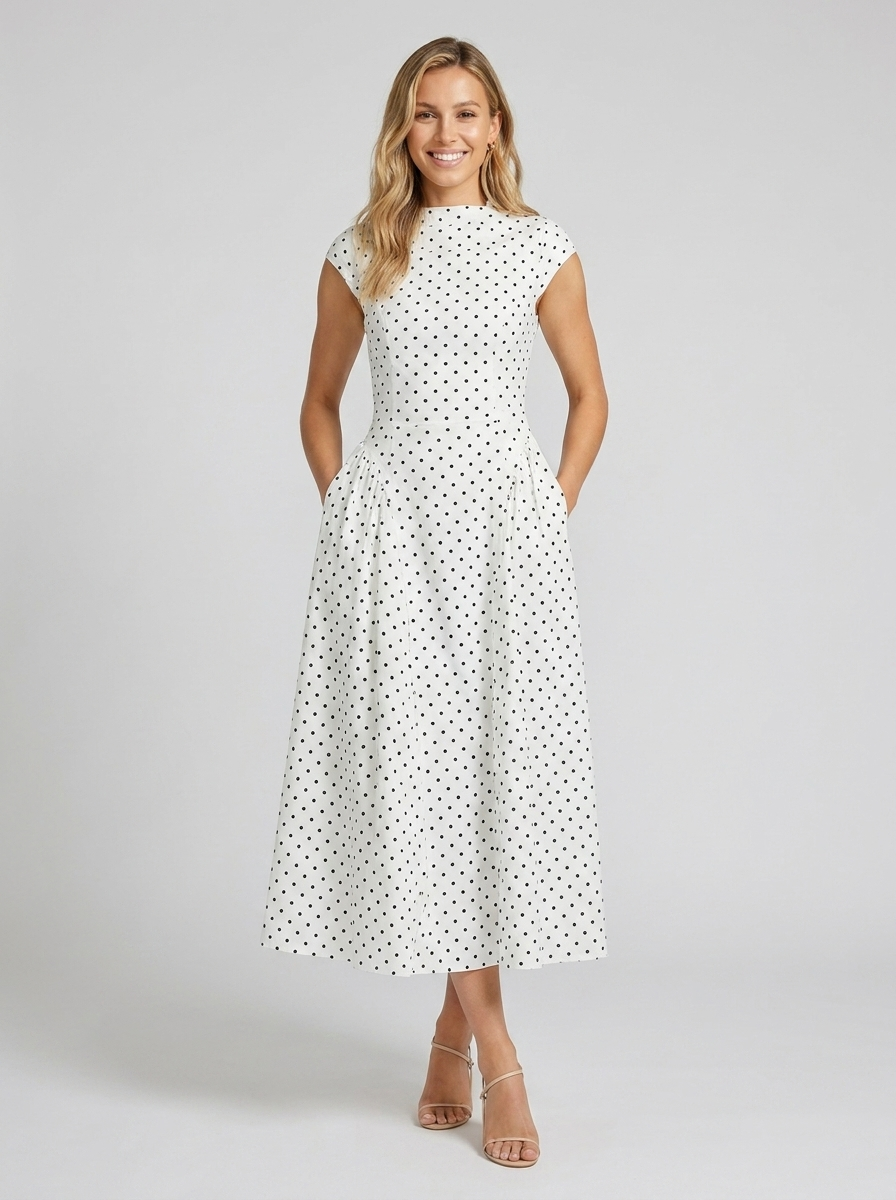 Xenia Elegant Midi Dress - White Polka Dot