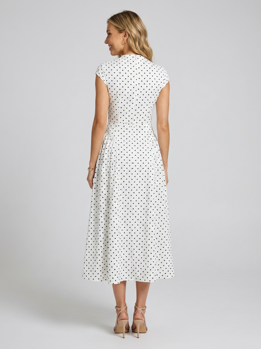 Xenia Elegant Midi Dress - White Polka Dot