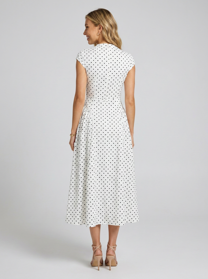 Xenia Elegant Midi Dress - White Polka Dot