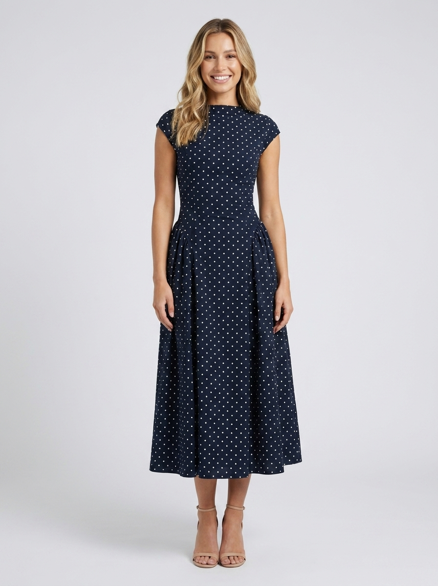 Xenia Elegant Midi Dress - Navy Polka Dot