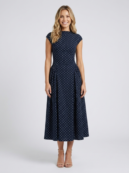Xenia Elegant Midi Dress - Navy Polka Dot