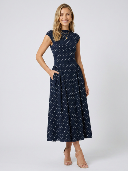 Xenia Elegant Midi Dress - Navy Polka Dot
