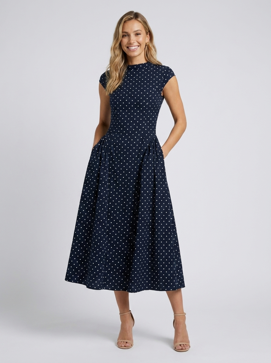 Xenia Elegant Midi Dress - Navy Polka Dot