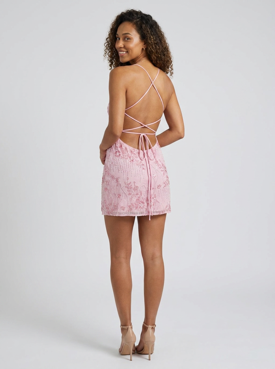 Henriette Floral Open Mini Dress - Pink