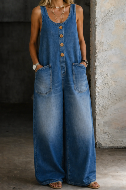 Indra Wide Leg Denim Overalls - Medium Denim