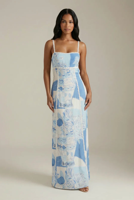 Iolanthe Print Maxi Dress - Blue White Print