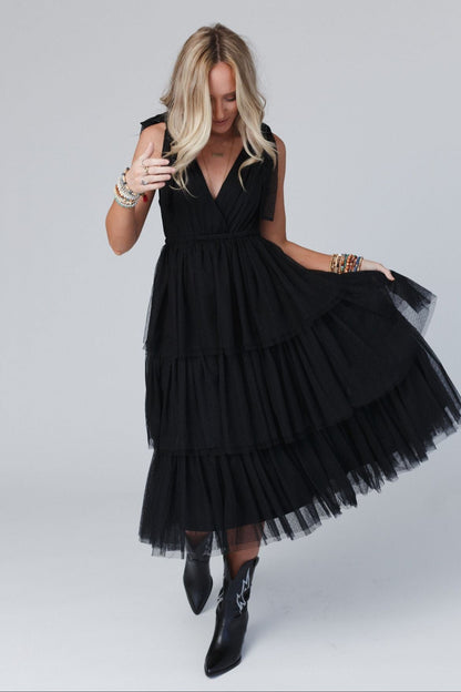 Iseult Tiered Tulle Midi Dress - Black