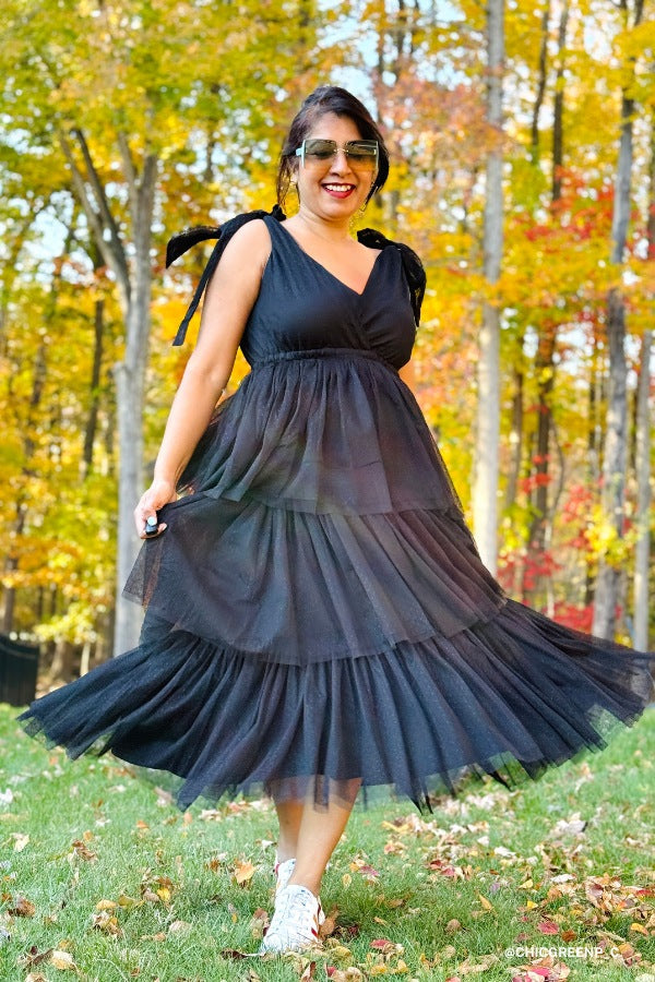 Iseult Tiered Tulle Midi Dress - Black