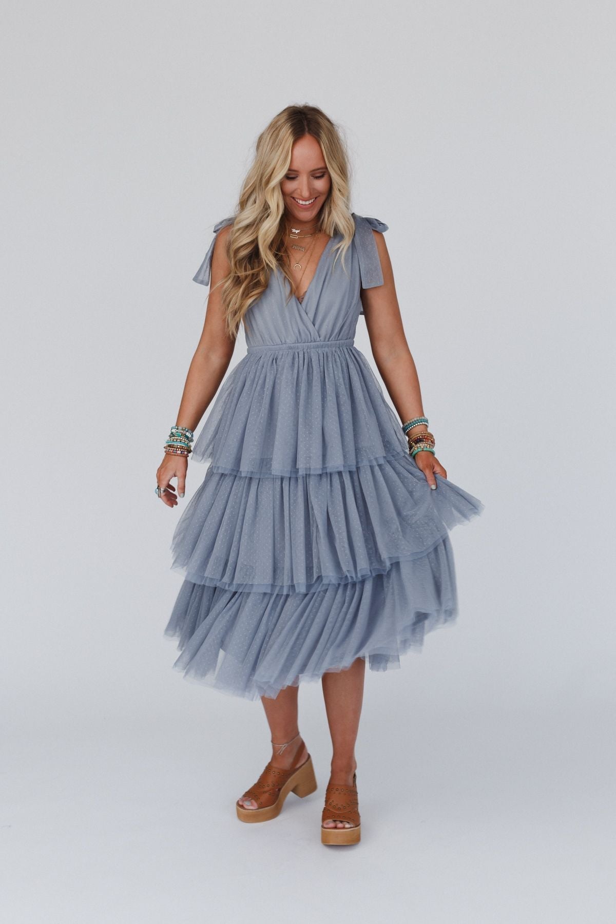 Iseult Tiered Tulle Midi Dress - Dusty Blue