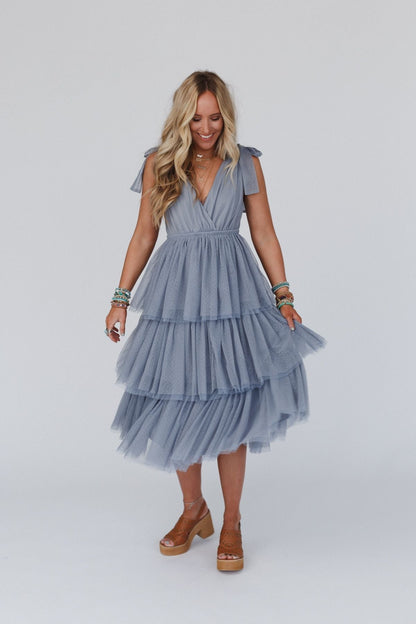 Iseult Tiered Tulle Midi Dress - Dusty Blue