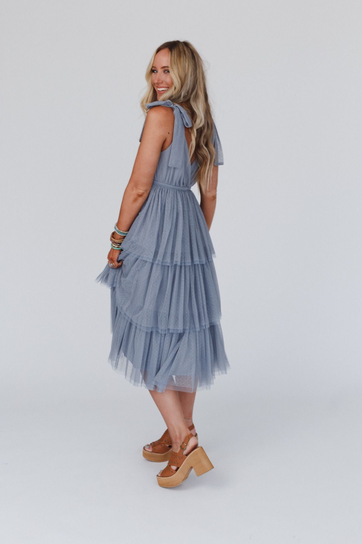 Iseult Tiered Tulle Midi Dress - Dusty Blue