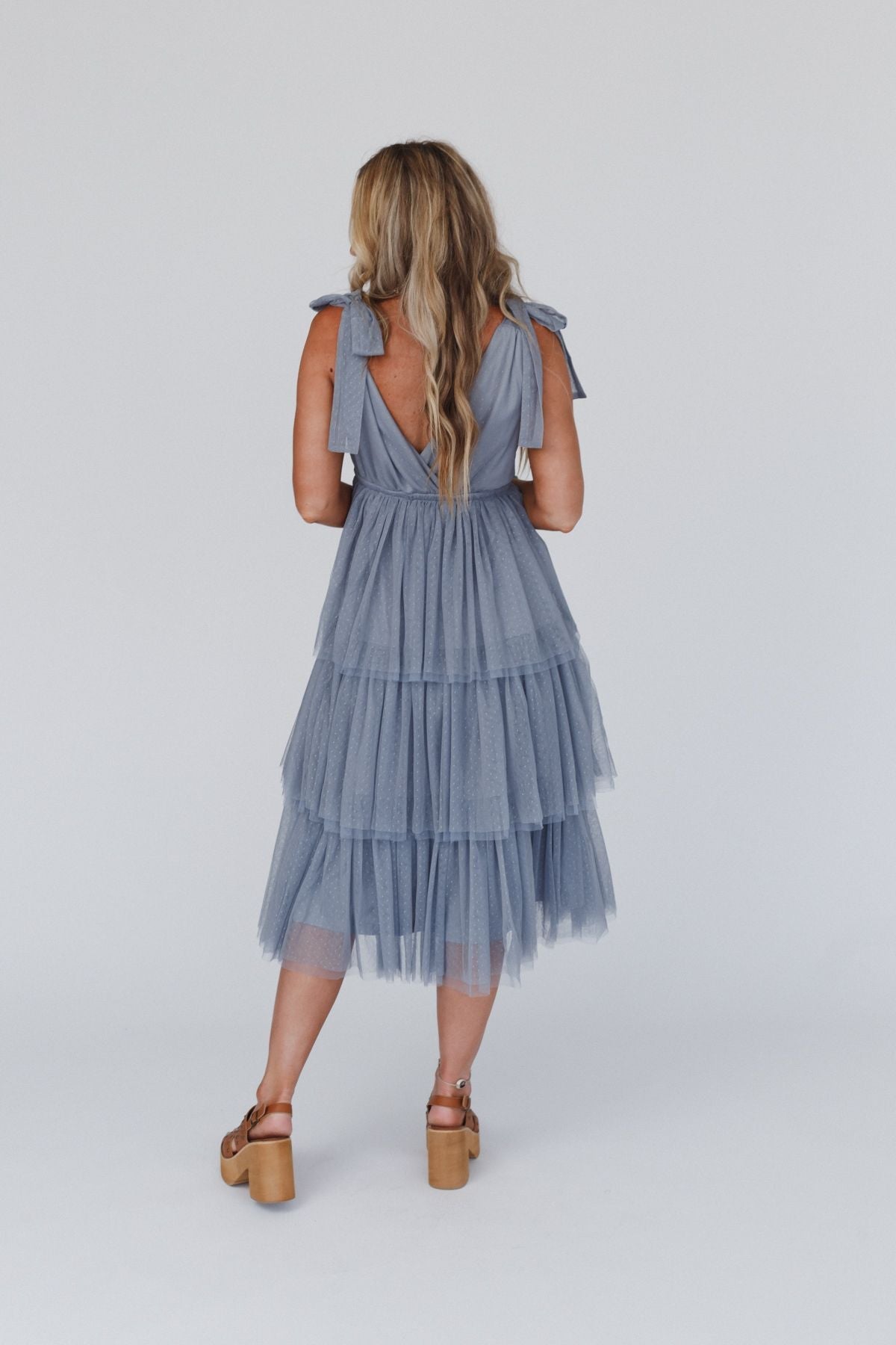 Iseult Tiered Tulle Midi Dress - Dusty Blue