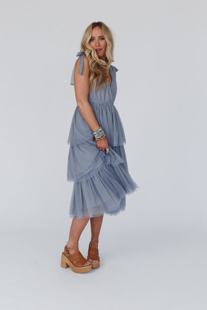 Iseult Tiered Tulle Midi Dress - Dusty Blue