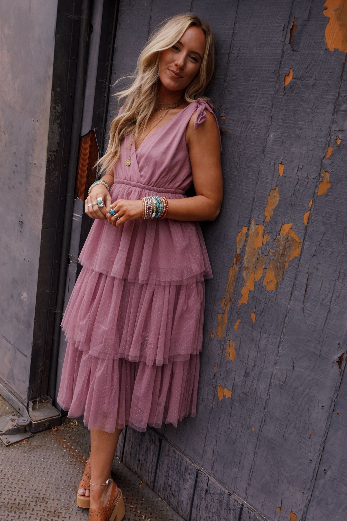 Iseult Tiered Tulle Midi Dress - Mauve