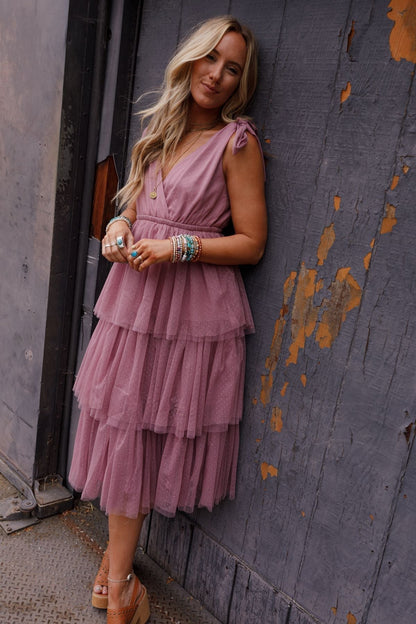 Iseult Tiered Tulle Midi Dress - Mauve