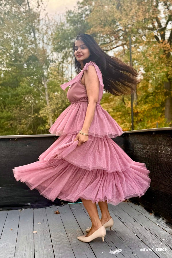 Iseult Tiered Tulle Midi Dress - Mauve
