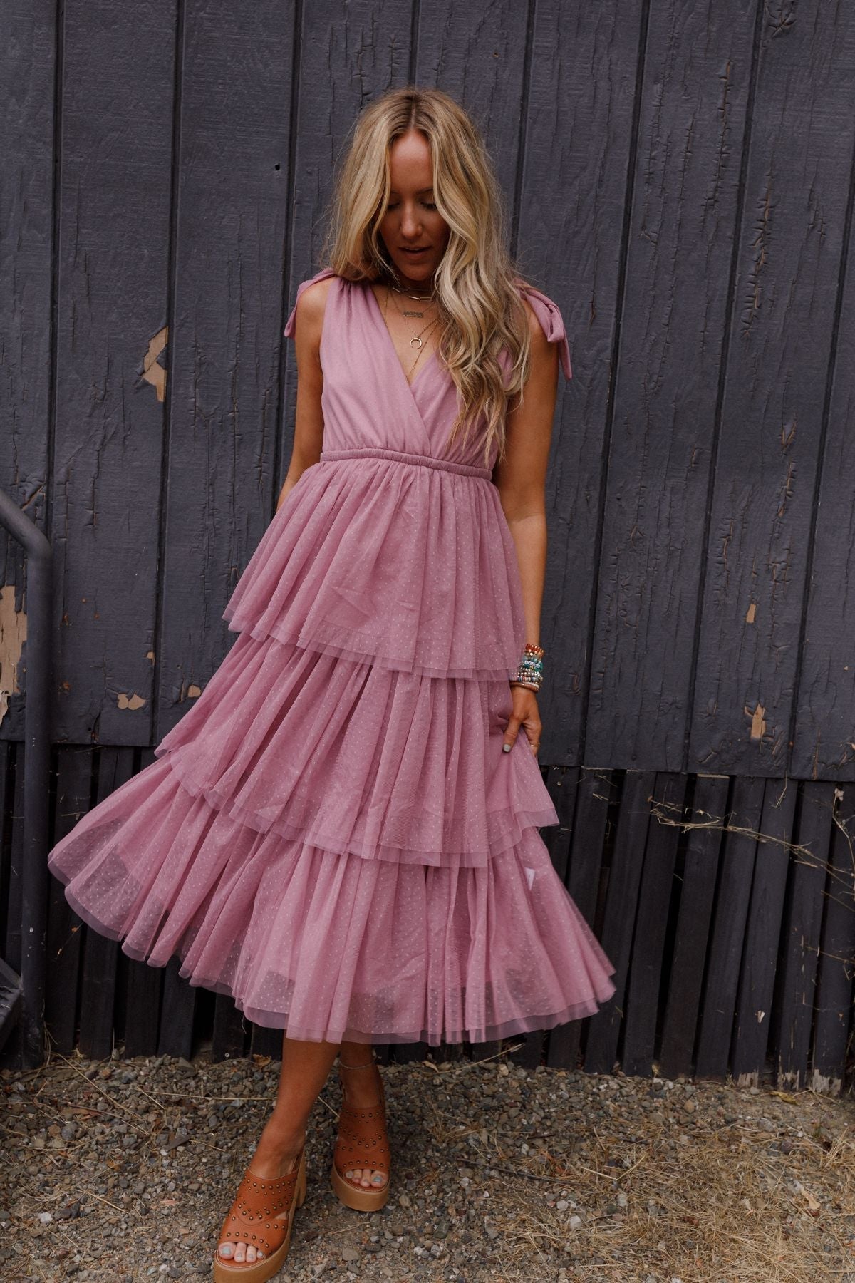 Iseult Tiered Tulle Midi Dress - Mauve