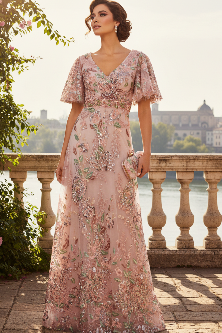 Jocasta Floral Embellished Gown - Dusty Rose