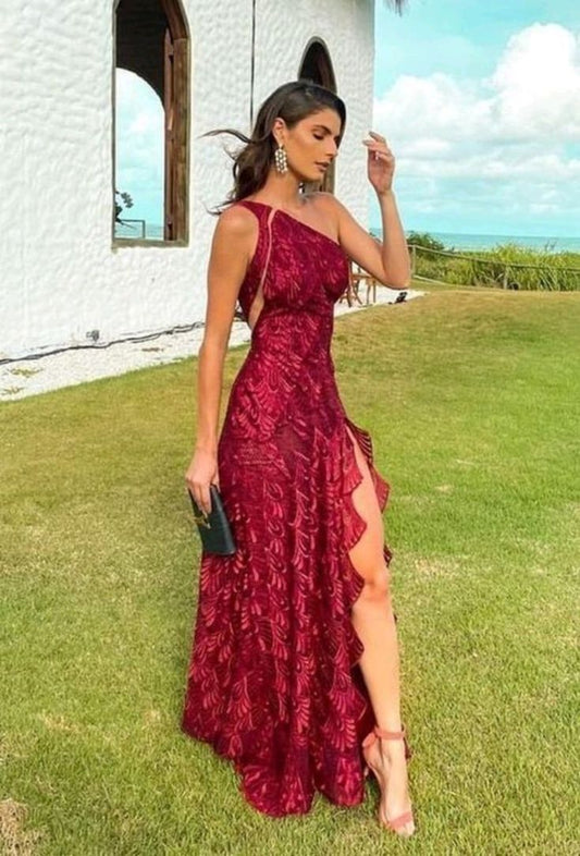 Josiane One Shoulder Lace Maxi Dress - Wine